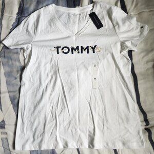 Tommy Hilfiger V-Neck Logo Women T-Shirt 100% Cotton White Size Medium